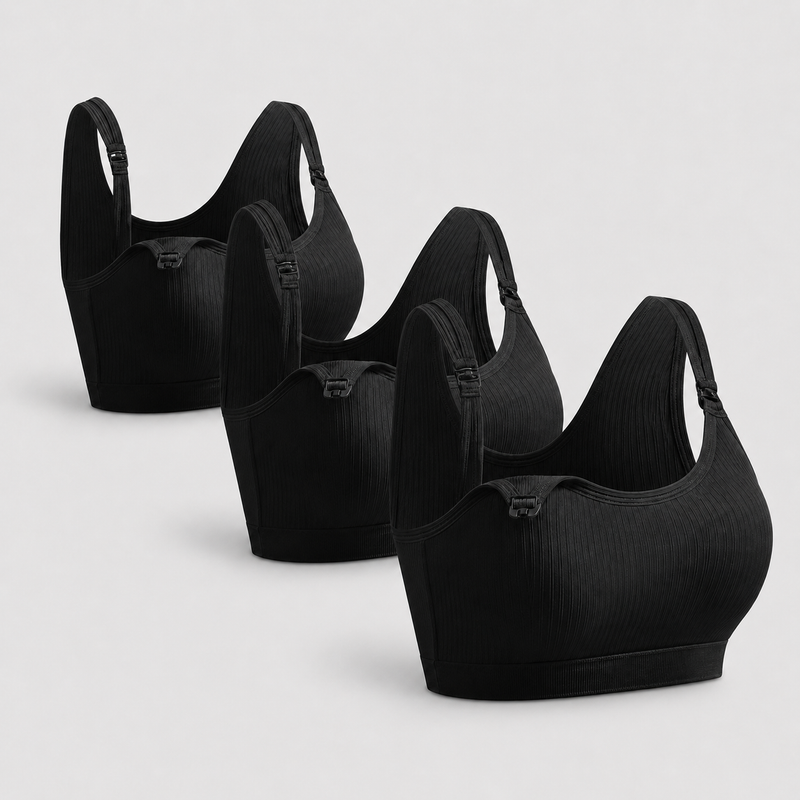 Seamless Nursing Sports Bra Maternity Wireless Ribbed - Set of 3 - All Black