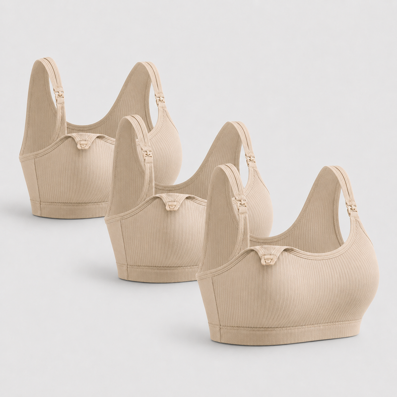 Seamless Nursing Sports Bra Maternity Wireless Ribbed - Set of 3 - All Beige