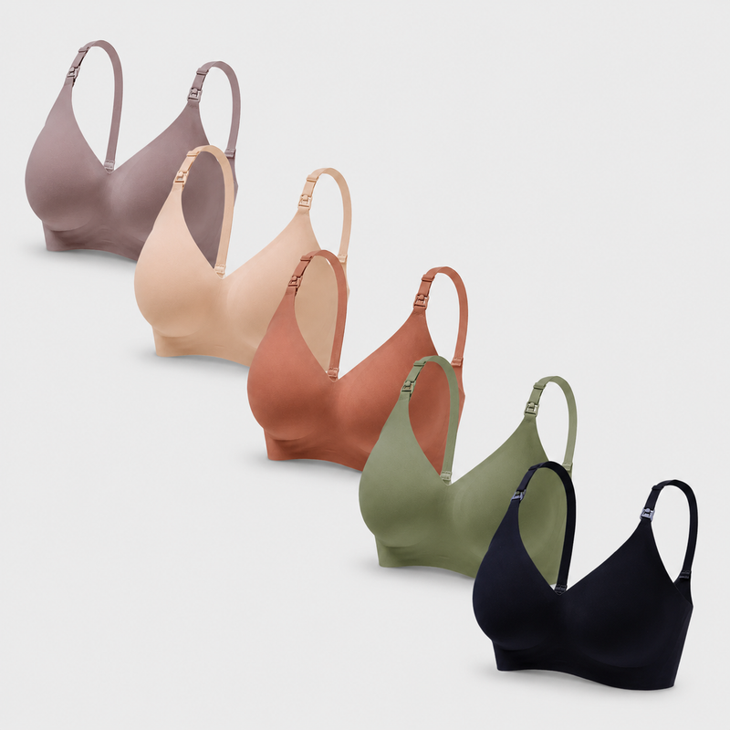 Set of 5 Soft Nursing Bras - Black + Green + Shallow Brown + Nude + Taupe