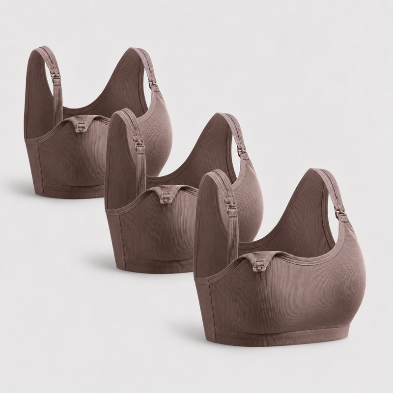 Seamless Nursing Sports Bra Maternity Wireless Ribbed - Set of 3 - All Brown
