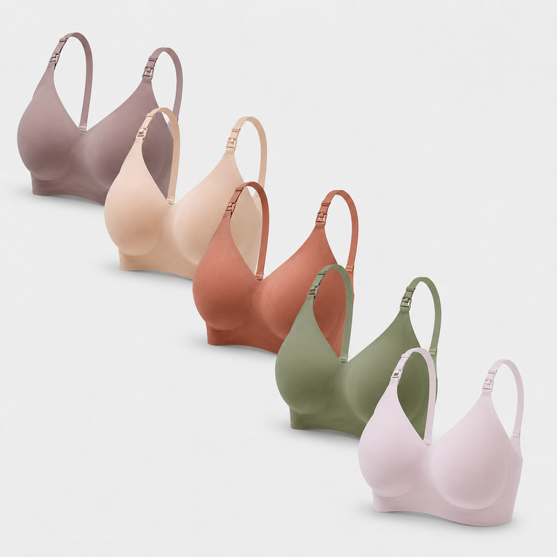 Set of 5 Soft Nursing Bras - Pink + Green + Shallow Brown + Nude + Taupe